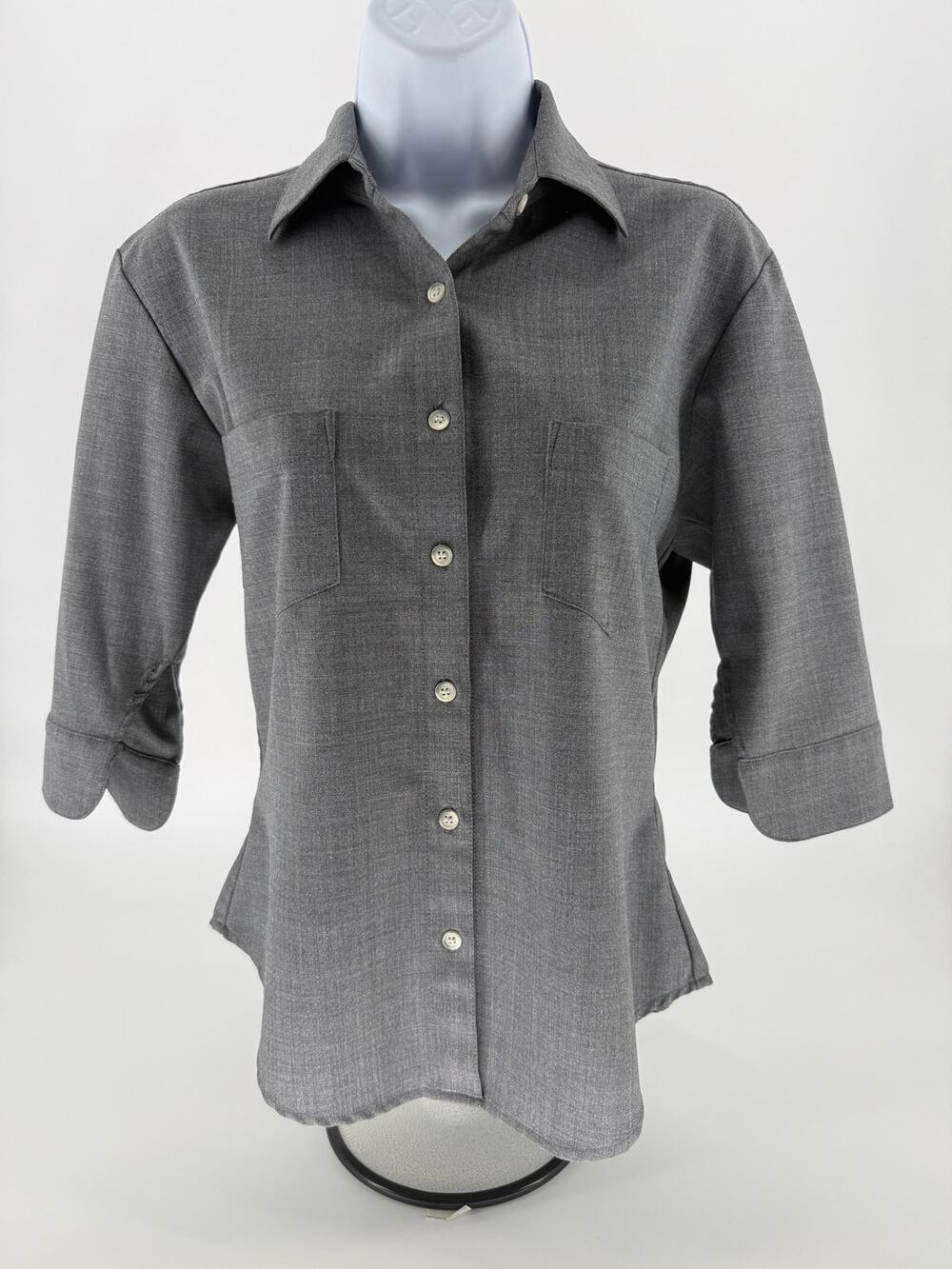 Tailor New York Womens Small Gray Button Front Career Blouse 3/4 Sleeve Shirt